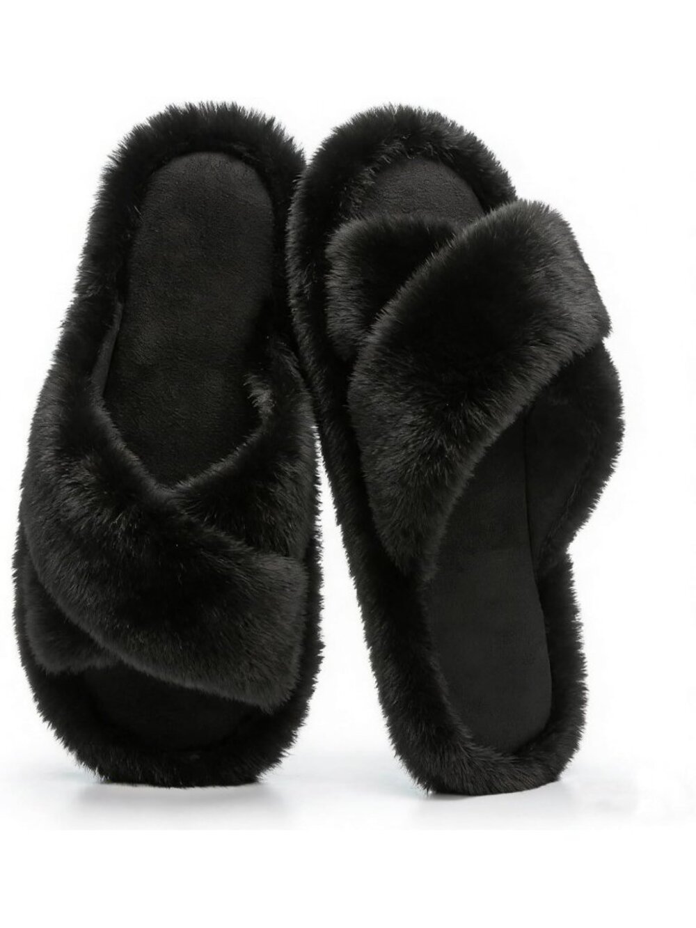 Women's Black Open Toe Fuzzy Fur Cross Band Memory Foam Indoor Slippers